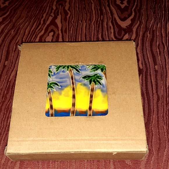 CERAMIC TILE ART PALM TREES 4"×4" WALL TABLE ART GLAZED FINISH NEW IN BOX - Picture 3 of 4